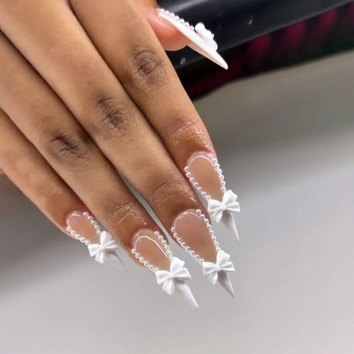 Long Stiletto Press On Nails With Flowers & Rhinestones - GlamGrip Beauty