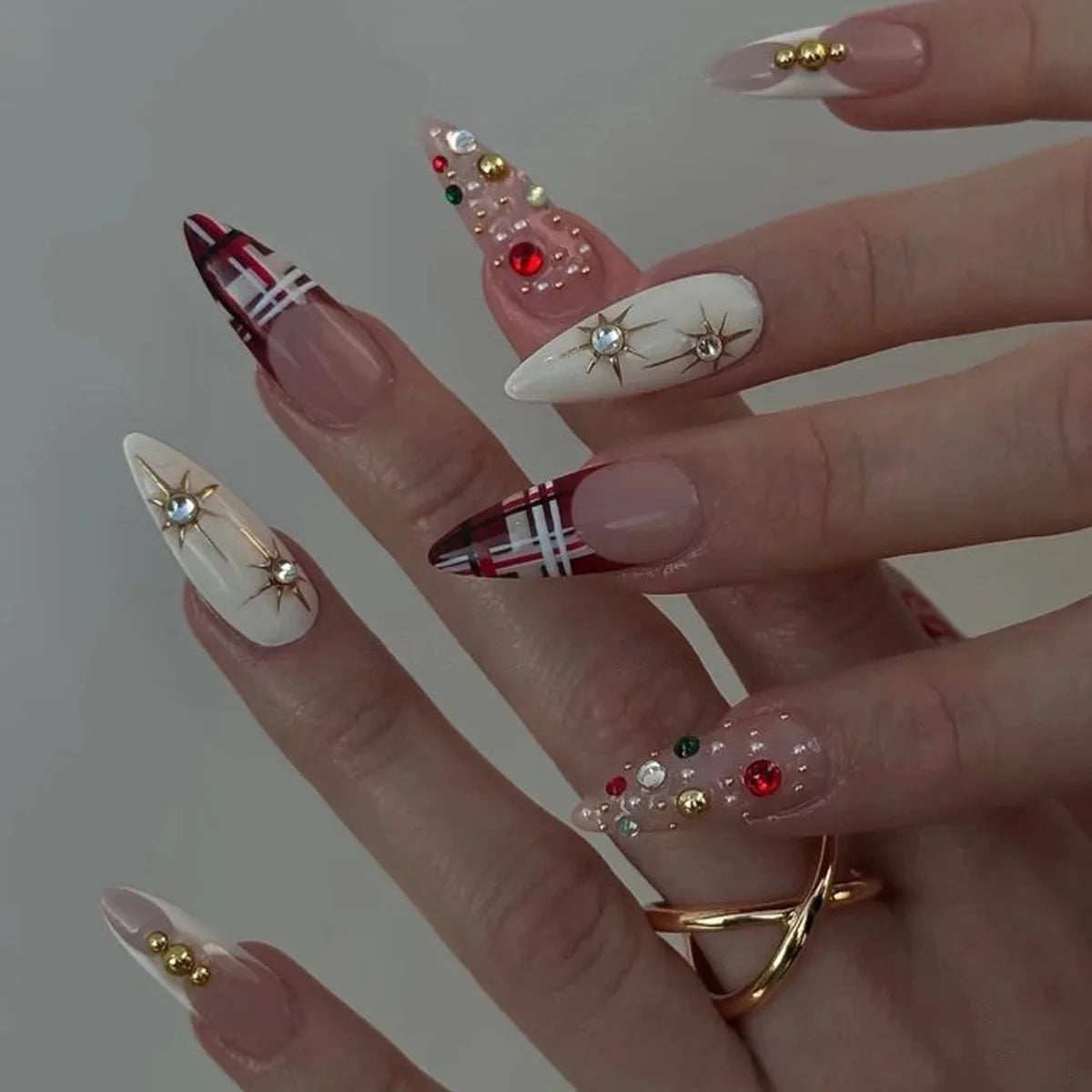 Long Stiletto Press On Nails With Flowers & Rhinestones - GlamGrip Beauty