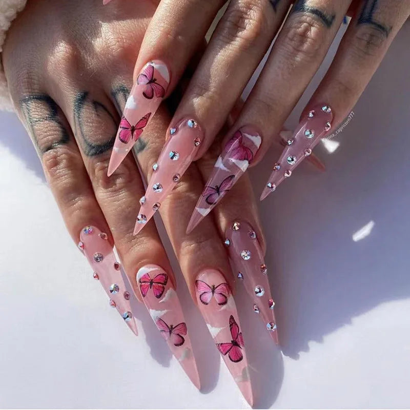 Long Stiletto Press On Nails With Flowers & Rhinestones - GlamGrip Beauty