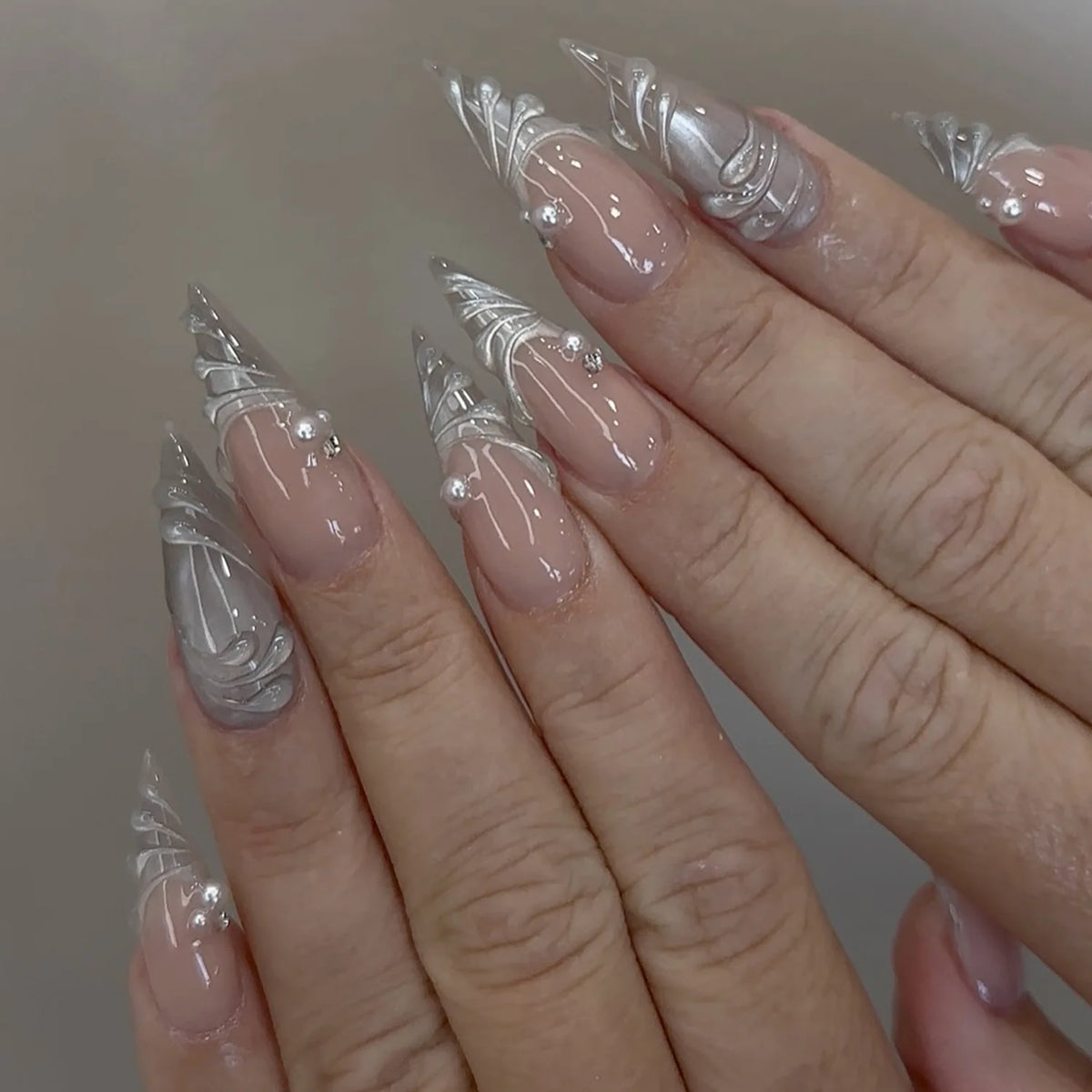 Long Stiletto Press On Nails With Flowers & Rhinestones - GlamGrip Beauty