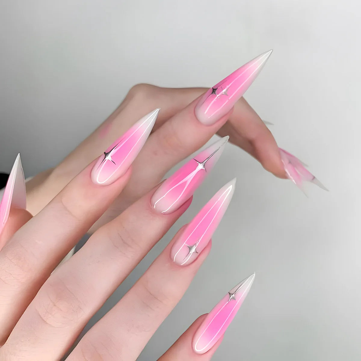 Long Stiletto Press On Nails With Flowers & Rhinestones - GlamGrip Beauty