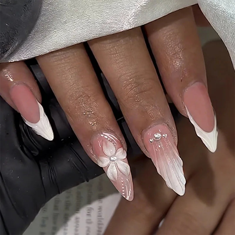 Long Stiletto Press On Nails With Flowers & Rhinestones - GlamGrip Beauty
