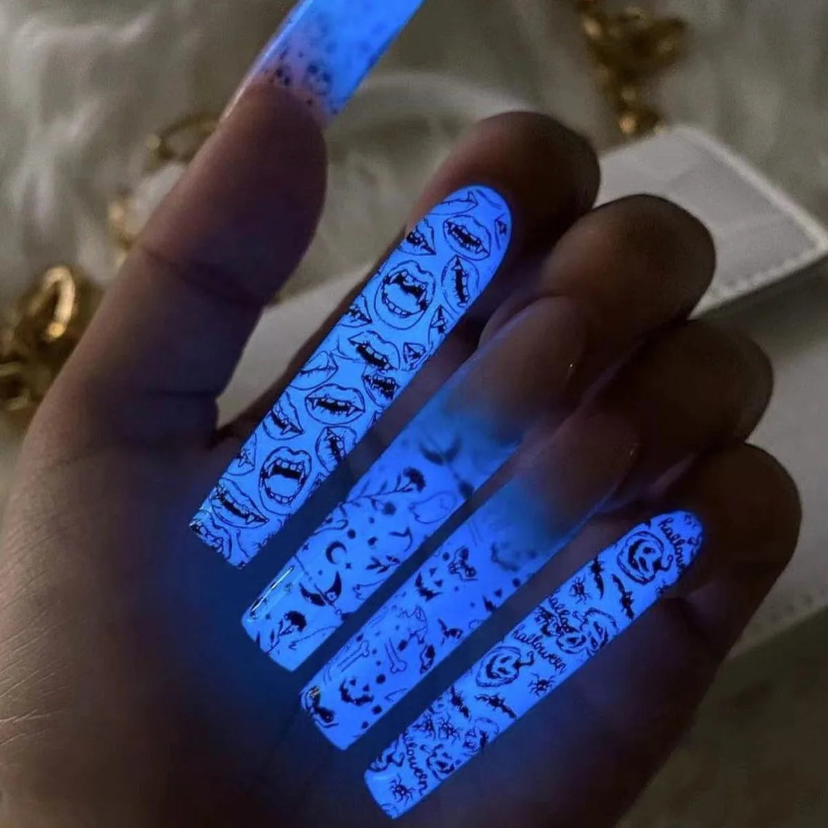Glow-in-the-Dark Press-On Nails – Extra Long Ballet Shape | Festive Combo Set of 24 - GlamGrip Beauty