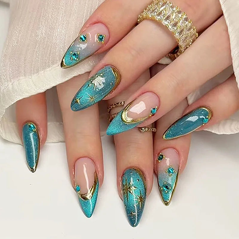 Long Stiletto Press On Nails With Flowers & Rhinestones - GlamGrip Beauty