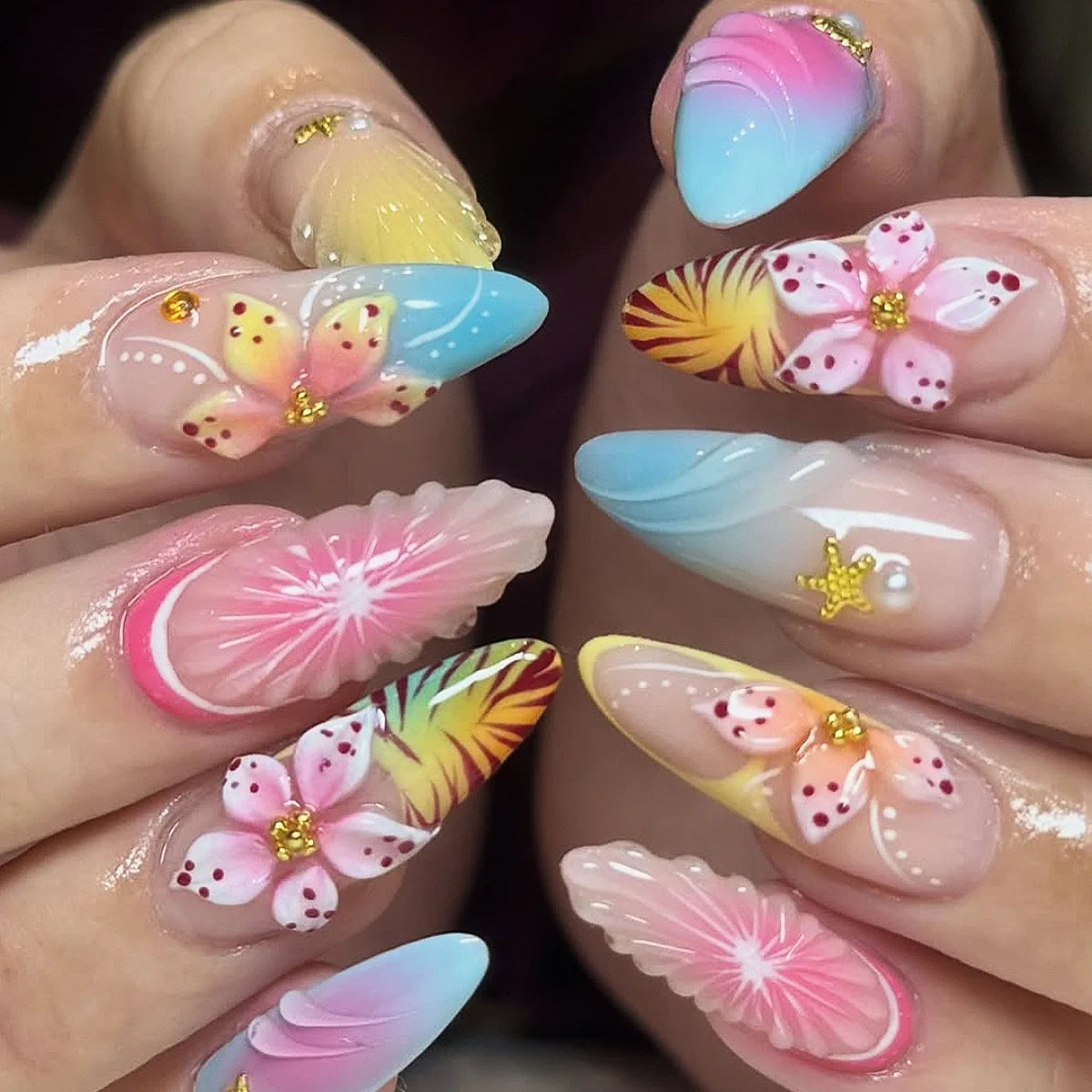 A20-01-11 Color Long Stiletto Press On Nails With Flowers & Rhinestones