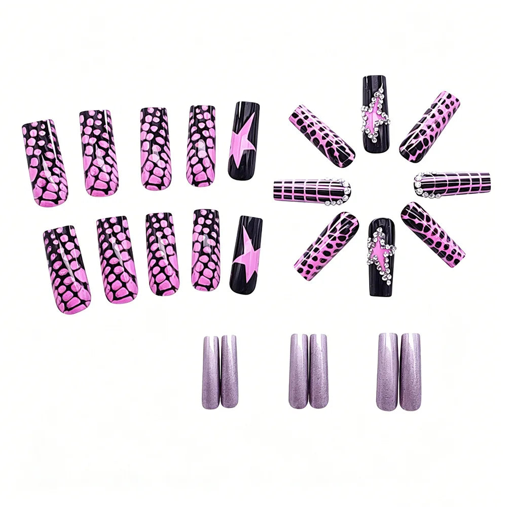Smoky Plum Black Long Ballet Press On Nails – Gothic Star Print | Reusable Set of 24 - GlamGrip Beauty