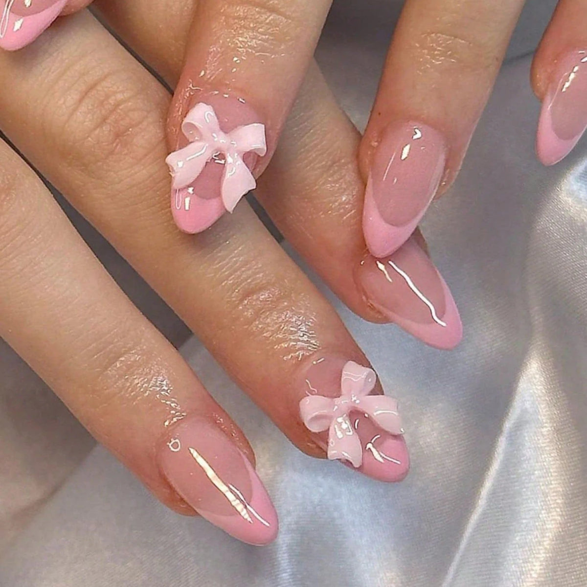 Pearl Bow - 24 PCS Medium Almond Press on Nails - GlamGrip Beauty