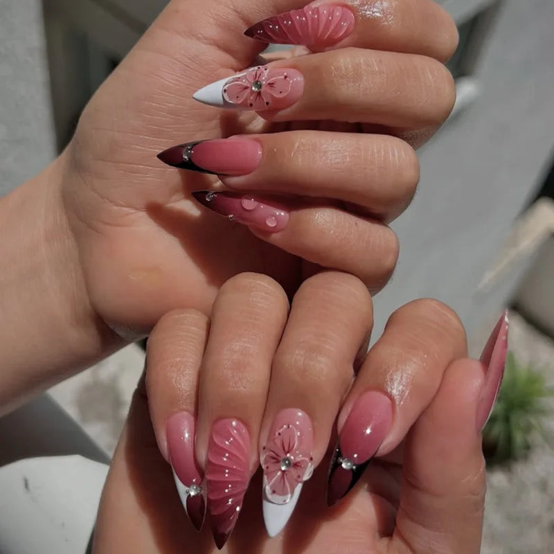 TY-714 Color Long Stiletto Press On Nails With Flowers & Rhinestones