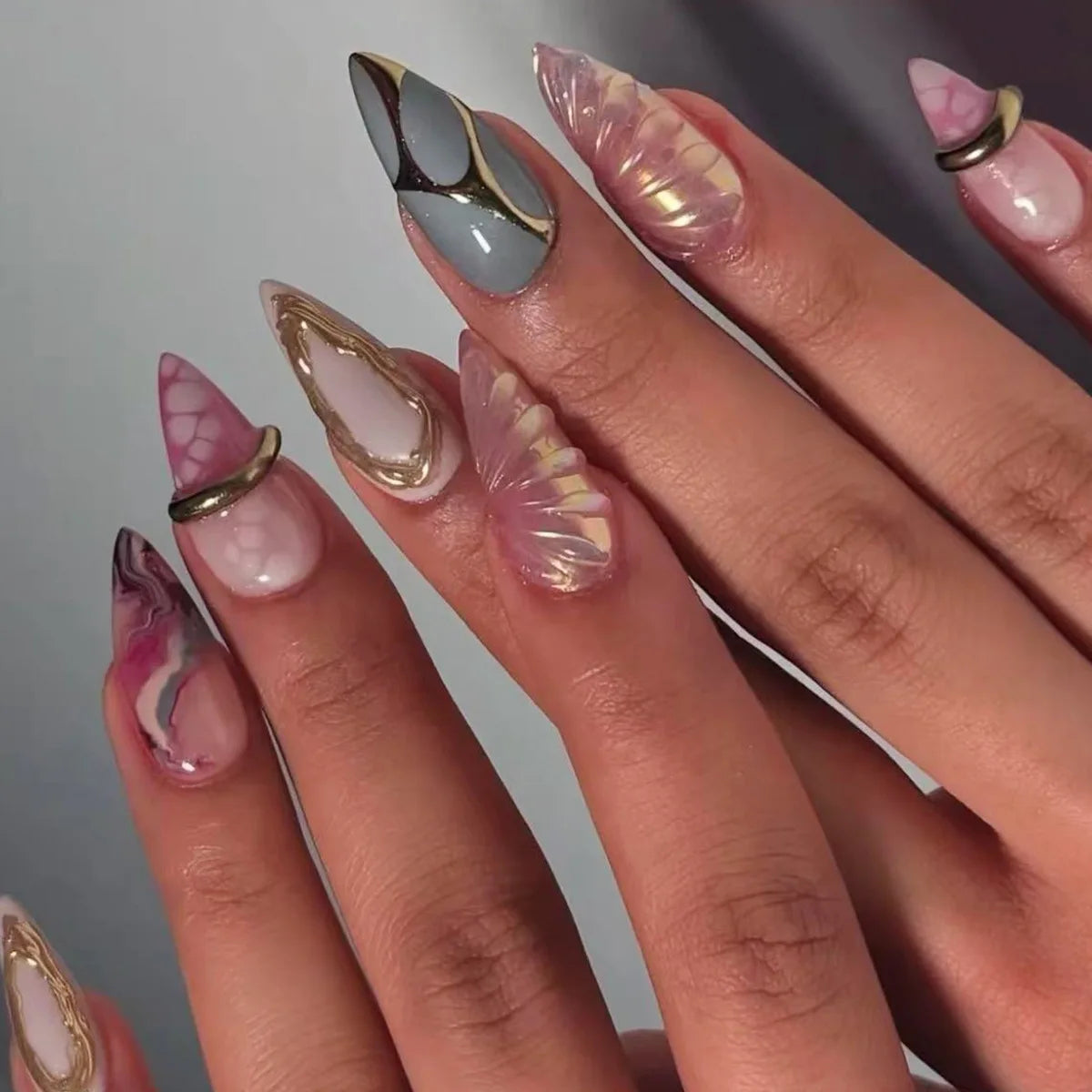 Long Stiletto Press On Nails With Flowers & Rhinestones - GlamGrip Beauty