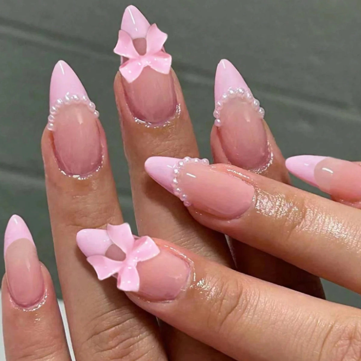 Pearl Bow - 24 PCS Medium Almond Press on Nails - GlamGrip Beauty