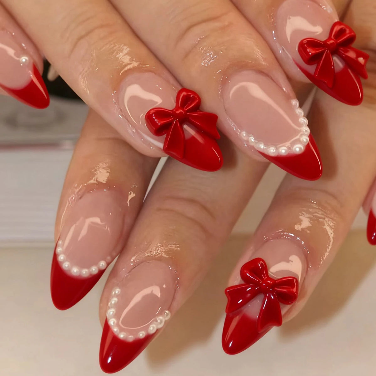 Pearl Bow - 24 PCS Medium Almond Press on Nails - GlamGrip Beauty