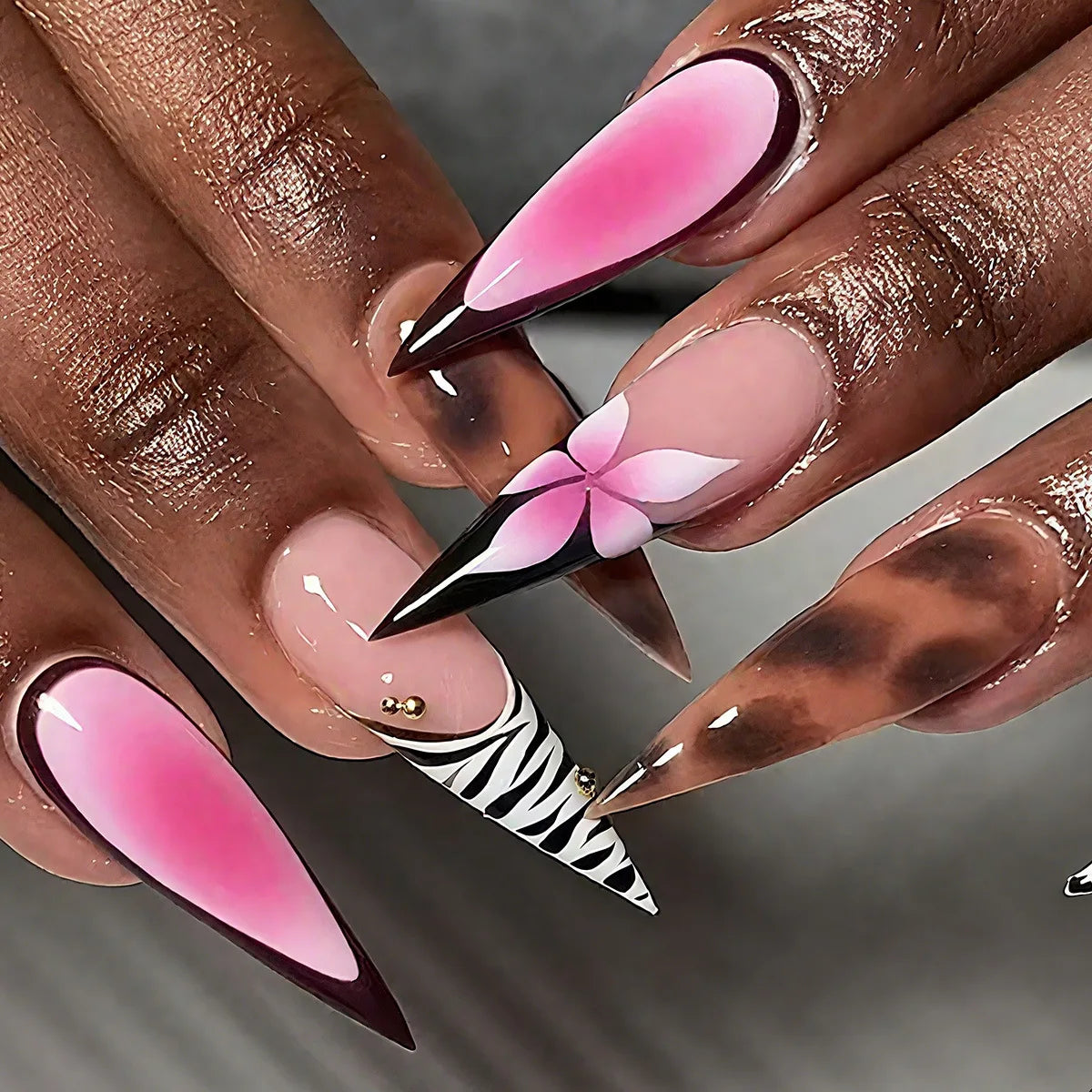 Long Stiletto Press On Nails With Flowers & Rhinestones - GlamGrip Beauty