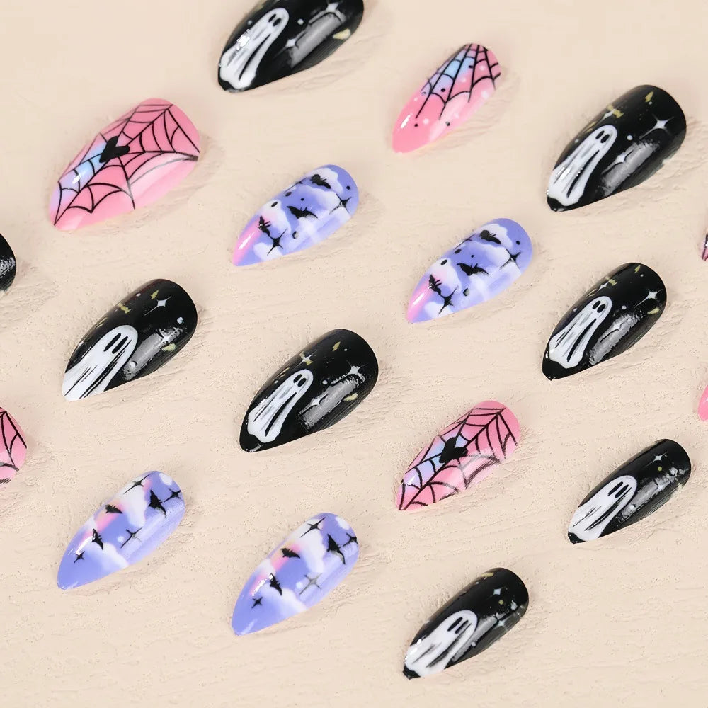Salon Quality Halloween Ghost Press On Nails – Medium Almond Acrylic Full Cover | Reusable Set of 24 - GlamGrip Beauty