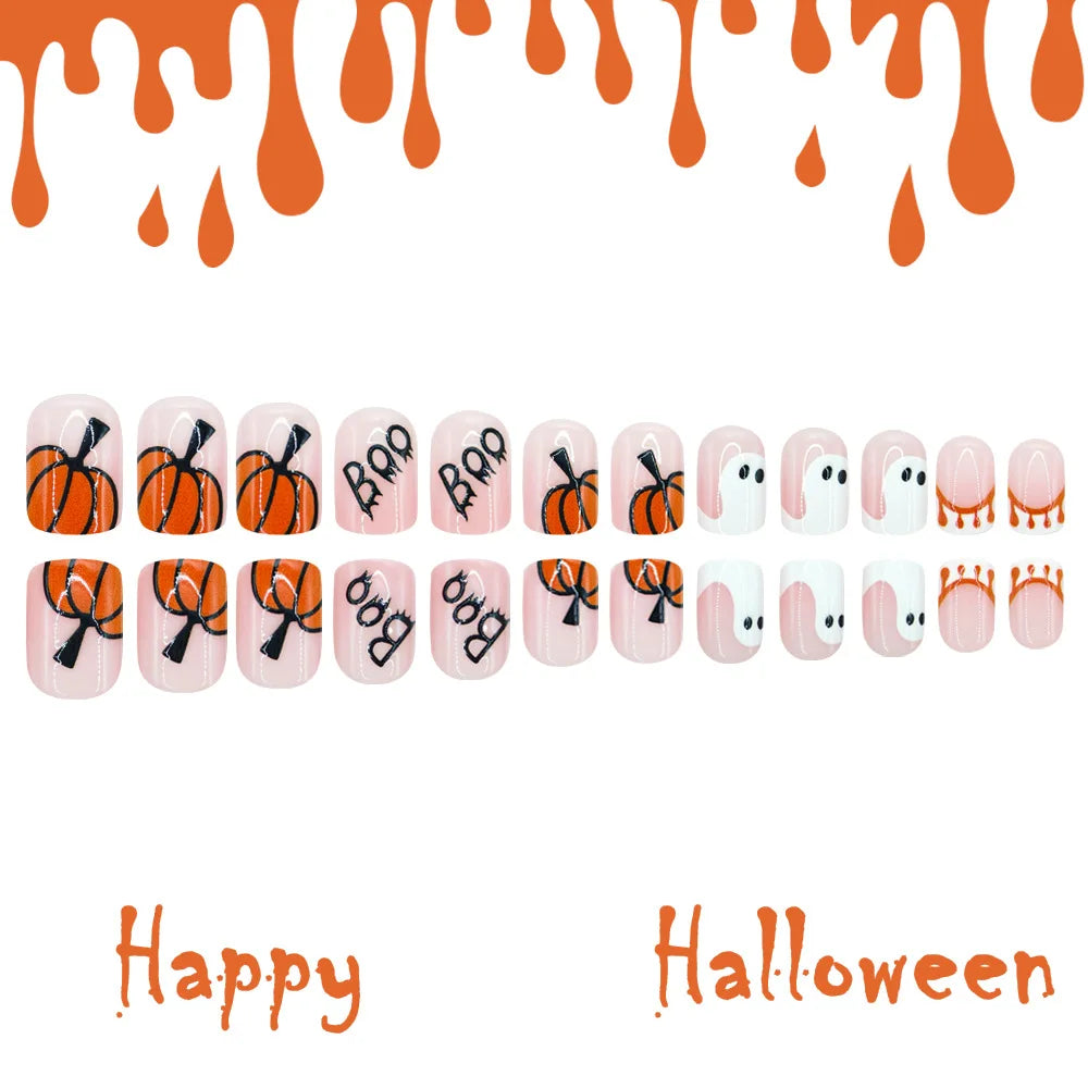 Halloween Press On Nails Set With Ghost & Pumpkin Art - GlamGrip Beauty