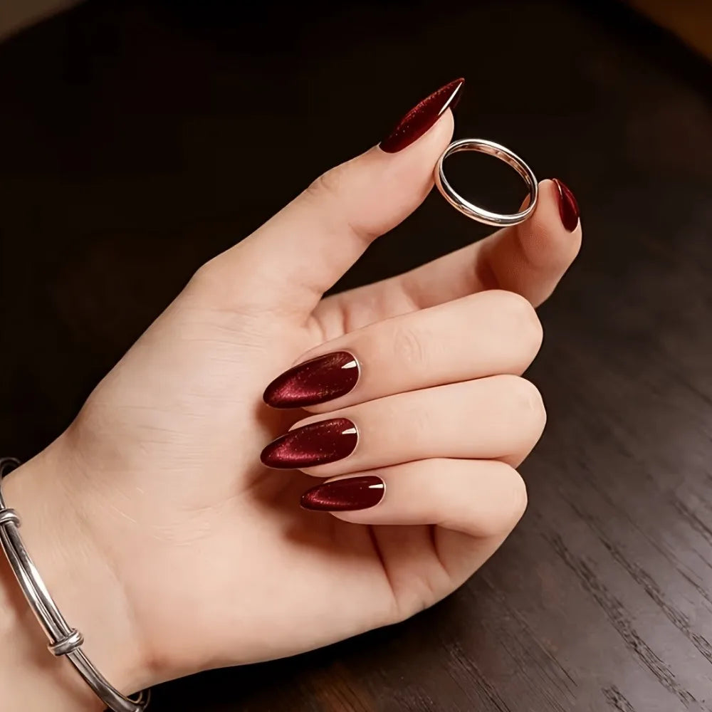 Deep Red Cat Eye Stiletto Press On Nails Set - GlamGrip Beauty