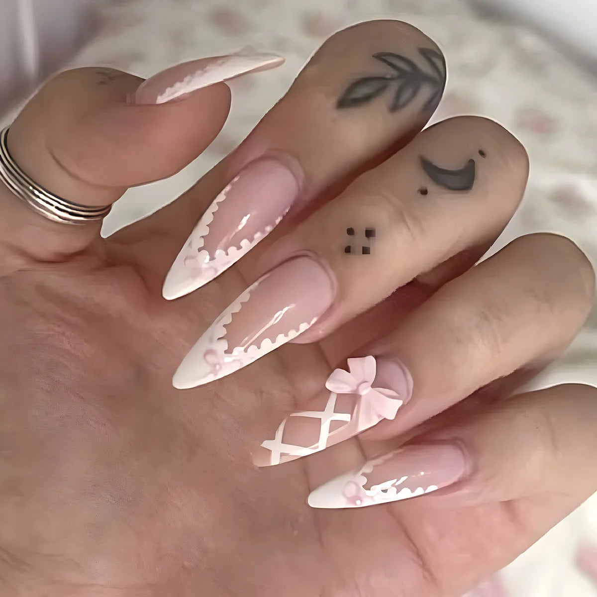 Long Stiletto Press On Nails With Flowers & Rhinestones - GlamGrip Beauty