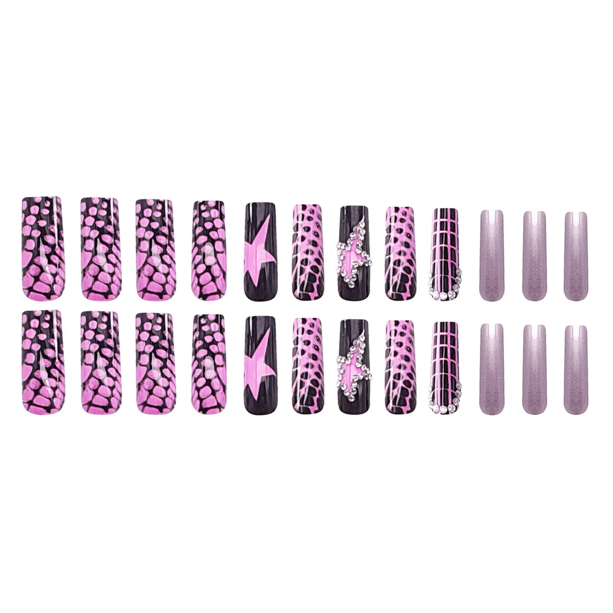 Smoky Plum Black Long Ballet Press On Nails – Gothic Star Print | Reusable Set of 24 - GlamGrip Beauty