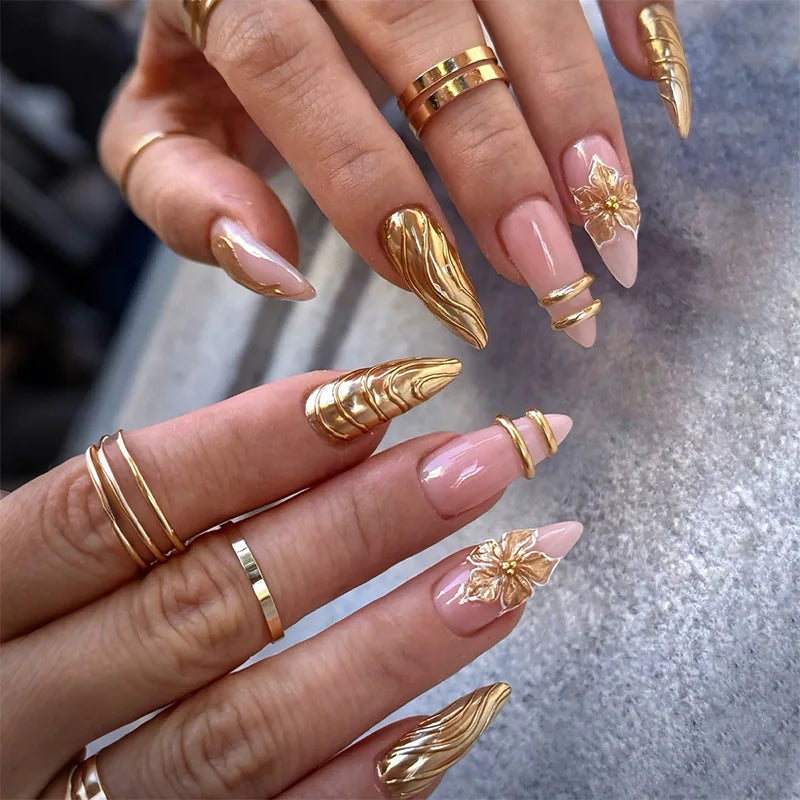 2XB1-13476 Color Long Stiletto Press On Nails With Flowers & Rhinestones