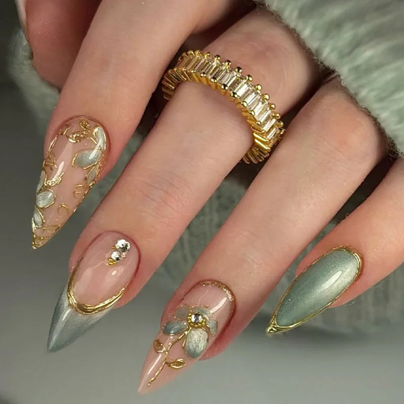 Long Stiletto Press On Nails With Flowers & Rhinestones - GlamGrip Beauty