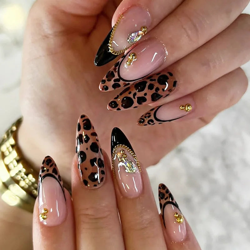 1XB1-13573 Color Long Stiletto Press On Nails With Flowers & Rhinestones