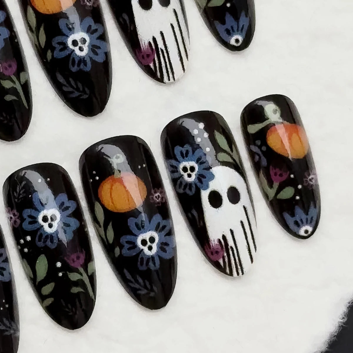 Black Cherry Medium Almond Press On Nails – Halloween Gothic Ghost & Pumpkin | Reusable Set of 24 - GlamGrip Beauty