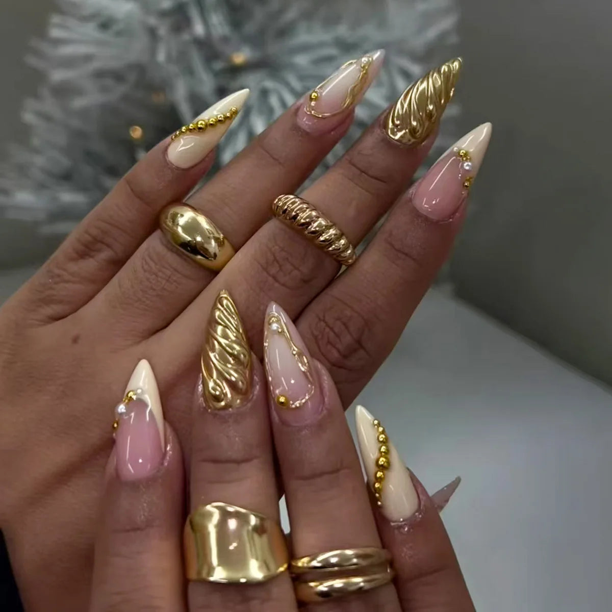 Long Stiletto Press On Nails With Flowers & Rhinestones - GlamGrip Beauty