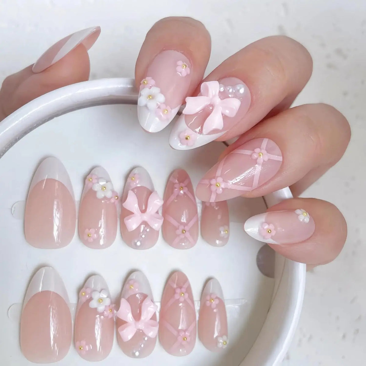 Pearl Bow - 24 PCS Medium Almond Press on Nails - GlamGrip Beauty