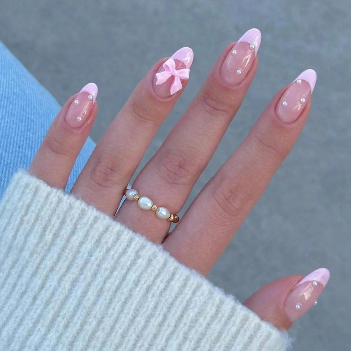 Pearl Bow - 24 PCS Medium Almond Press on Nails - GlamGrip Beauty