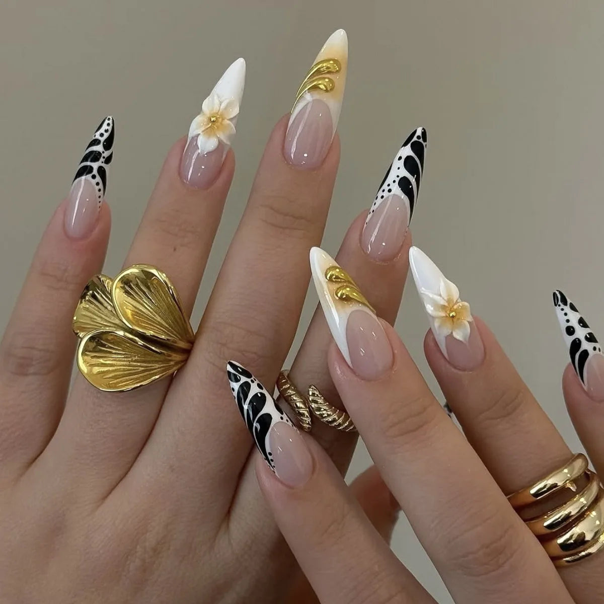 Long Stiletto Press On Nails With Flowers & Rhinestones - GlamGrip Beauty