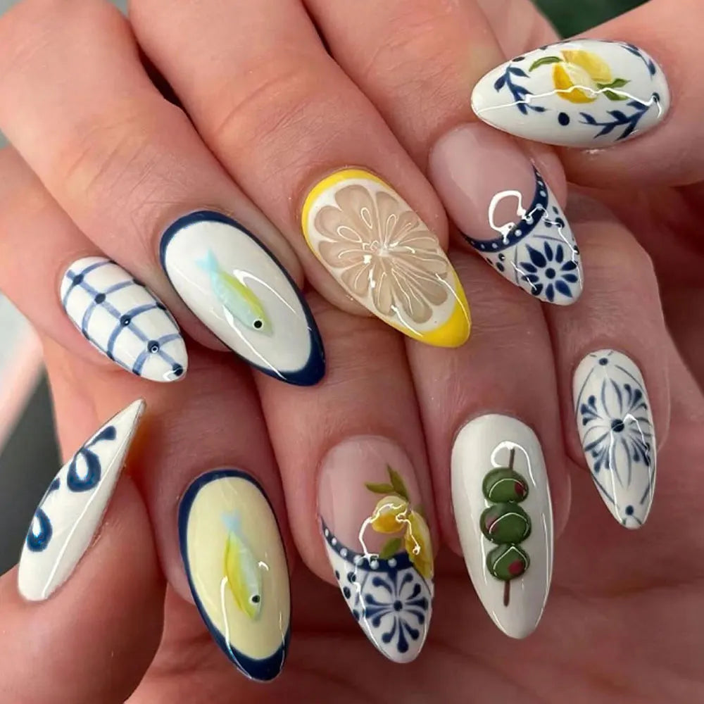 Citrus Bloom - 24 PCS Medium Almond Press on Nails - GlamGrip Beauty