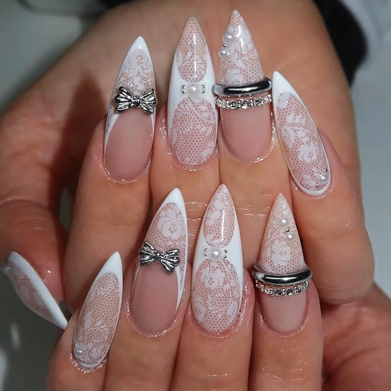 Long Stiletto Press On Nails With Flowers & Rhinestones - GlamGrip Beauty