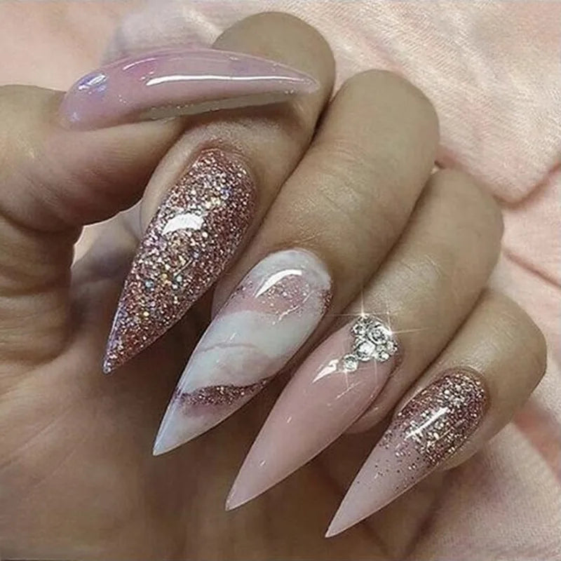 Long Stiletto Press On Nails With Flowers & Rhinestones - GlamGrip Beauty
