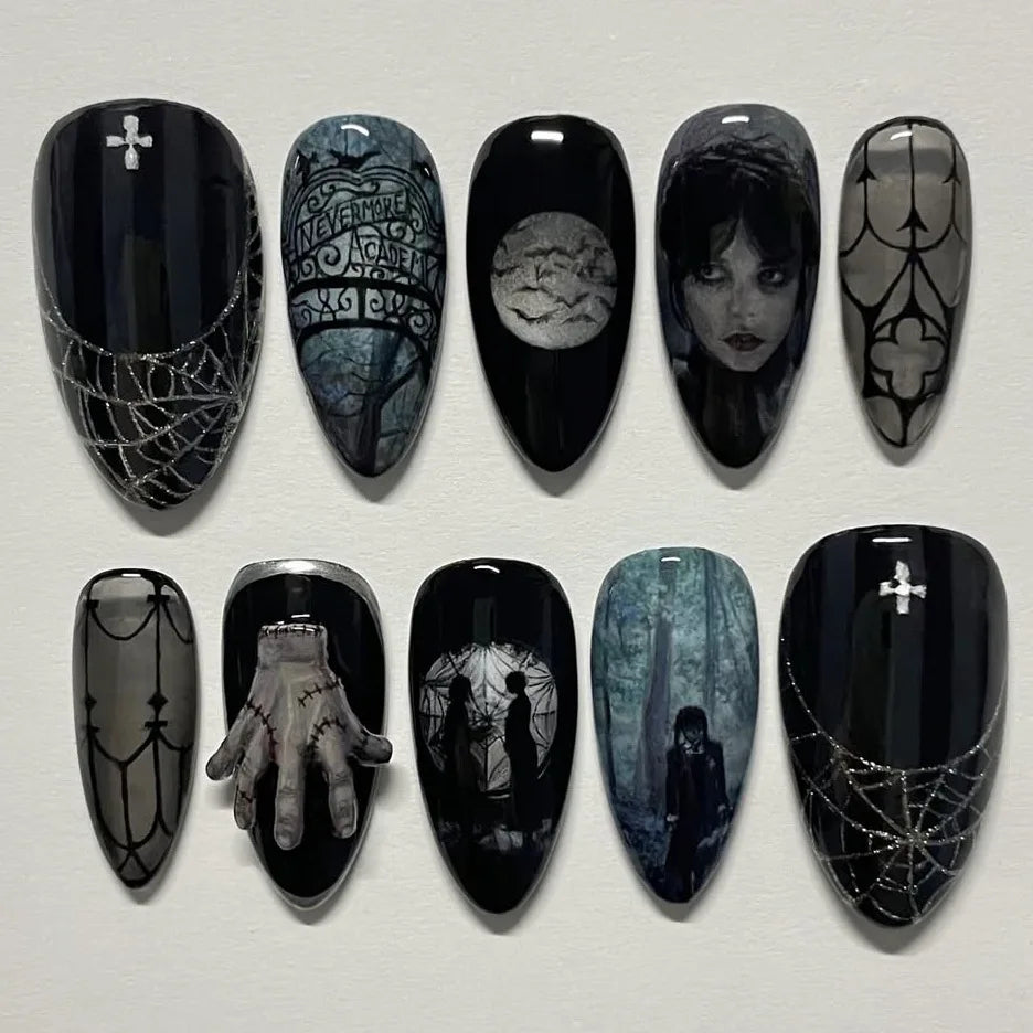 Espresso Black Short Almond Press On Nails – Dark Gothic Punk 2D Pattern | Everyday Set of 24 - GlamGrip Beauty