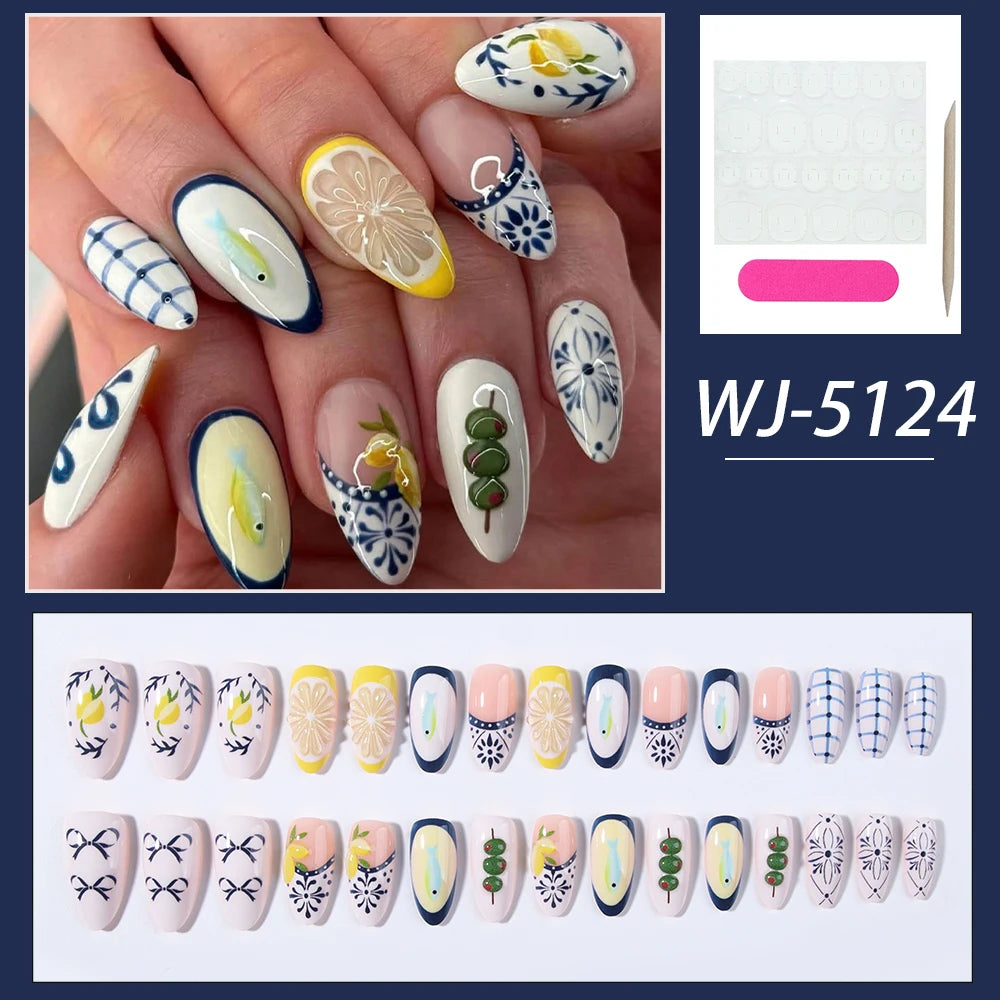 Citrus Bloom - 24 PCS Medium Almond Press on Nails - GlamGrip Beauty