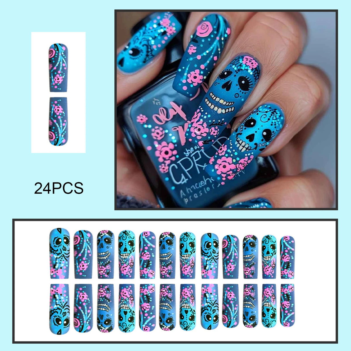 Lake Blue Matte Press On Nails – Skull & Flower Design - GlamGrip Beauty