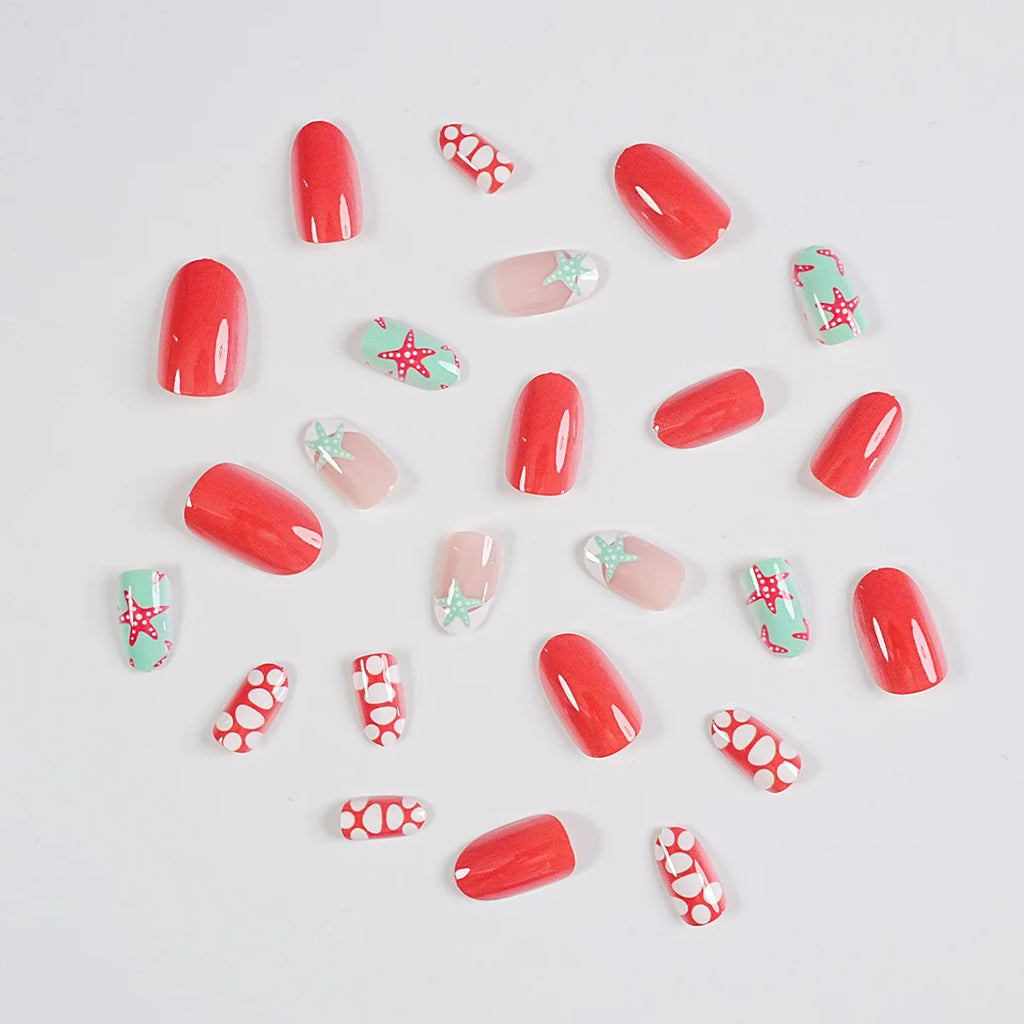 24 Piece Almond Press On Nails Starfish Beach Design Set
