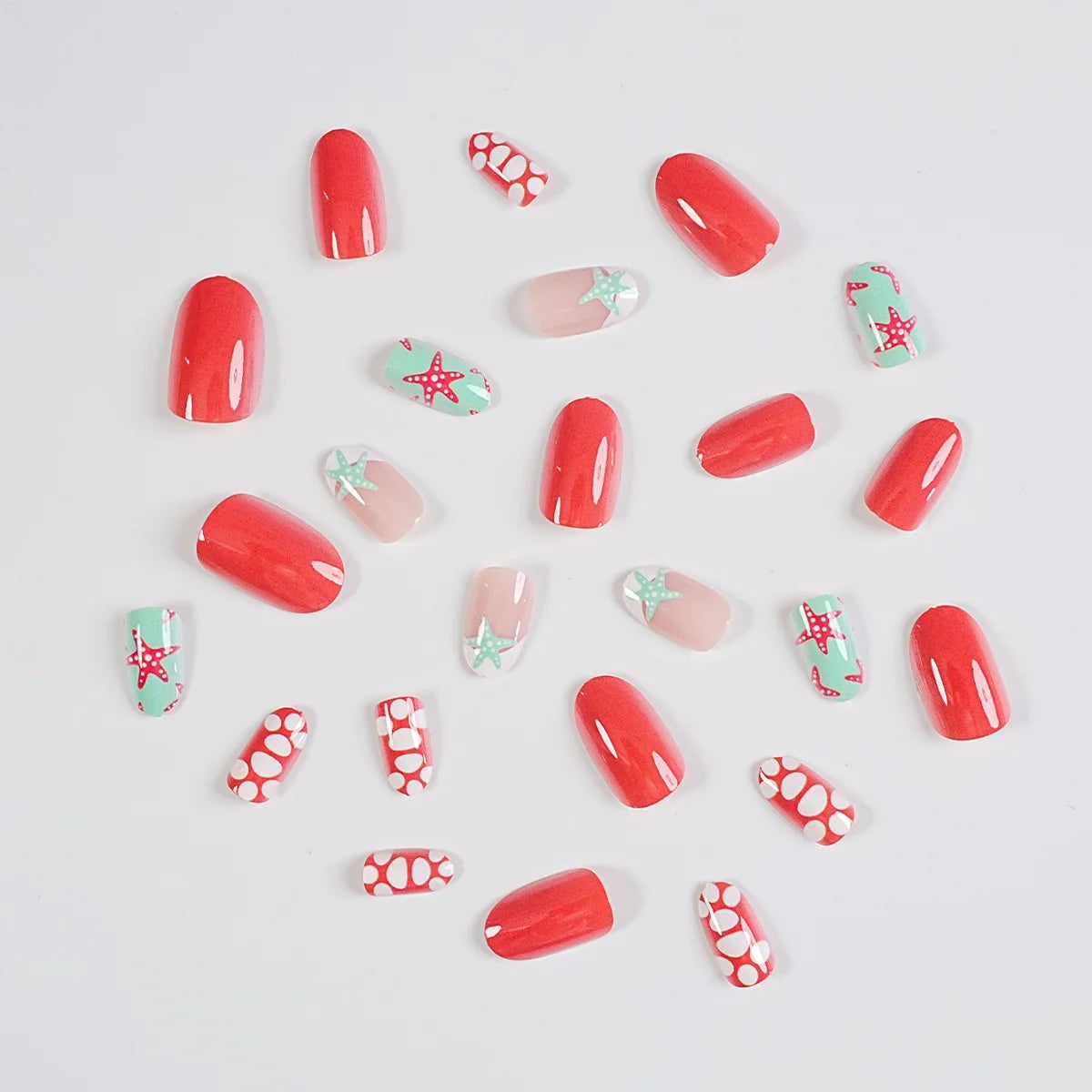 24 Piece Almond Press On Nails Starfish Beach Design Set