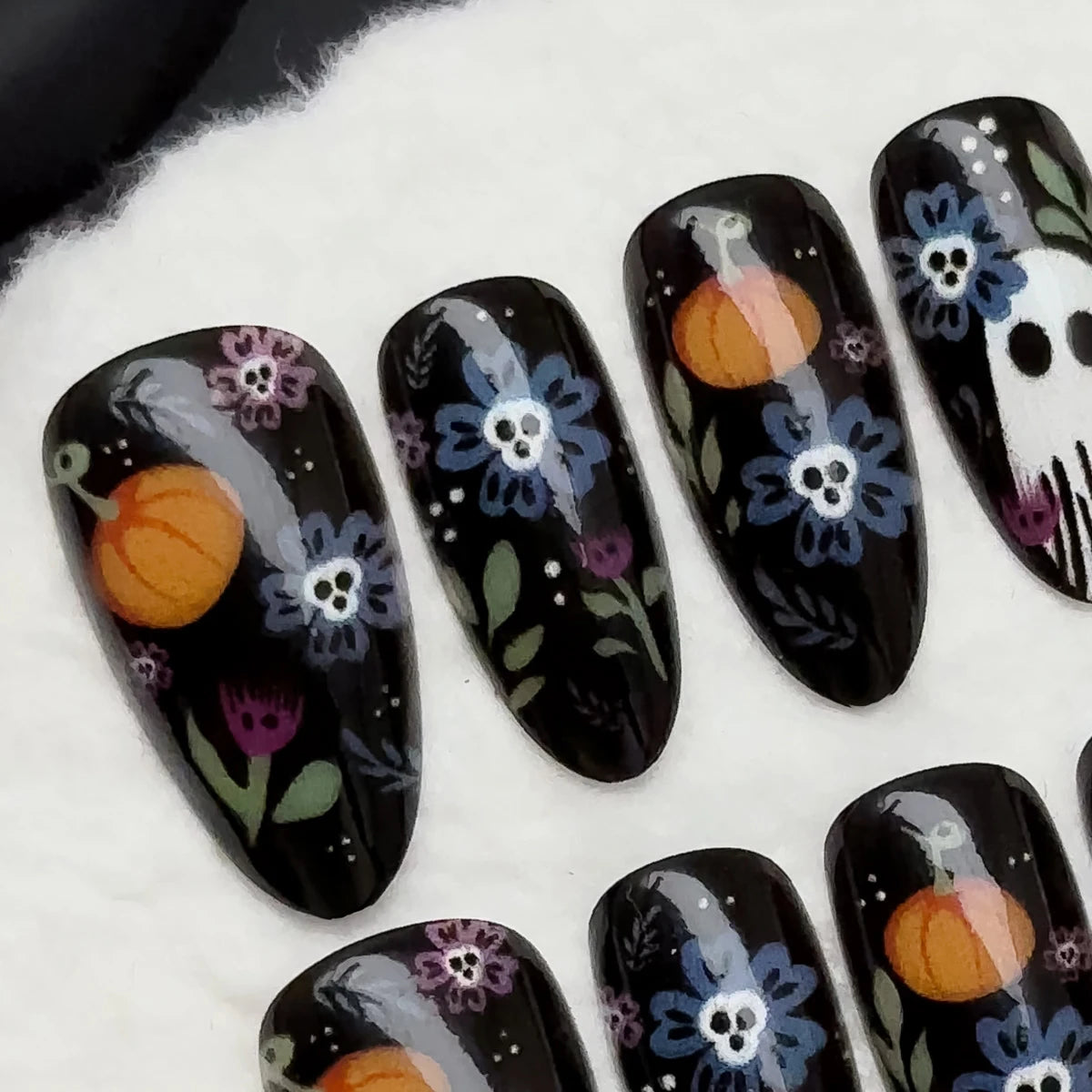 Black Cherry Medium Almond Press On Nails – Halloween Gothic Ghost & Pumpkin | Reusable Set of 24 - GlamGrip Beauty