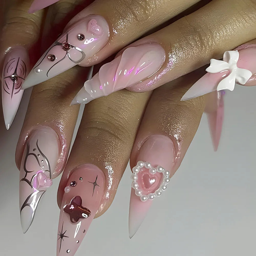 Long Stiletto Press On Nails With Flowers & Rhinestones - GlamGrip Beauty