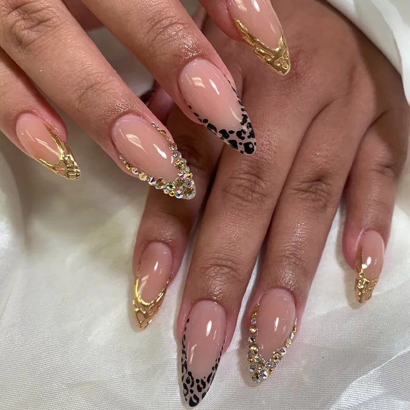 2XB1-13854 Color Long Stiletto Press On Nails With Flowers & Rhinestones