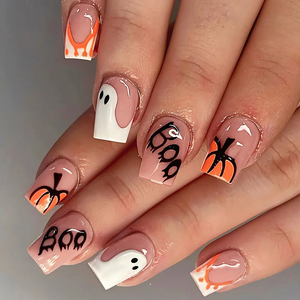 Halloween Press On Nails Set With Ghost & Pumpkin Art - GlamGrip Beauty