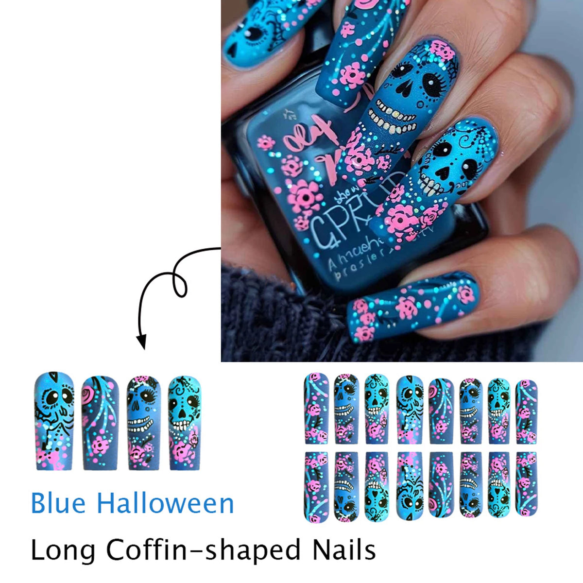Lake Blue Matte Press On Nails – Skull & Flower Design - GlamGrip Beauty
