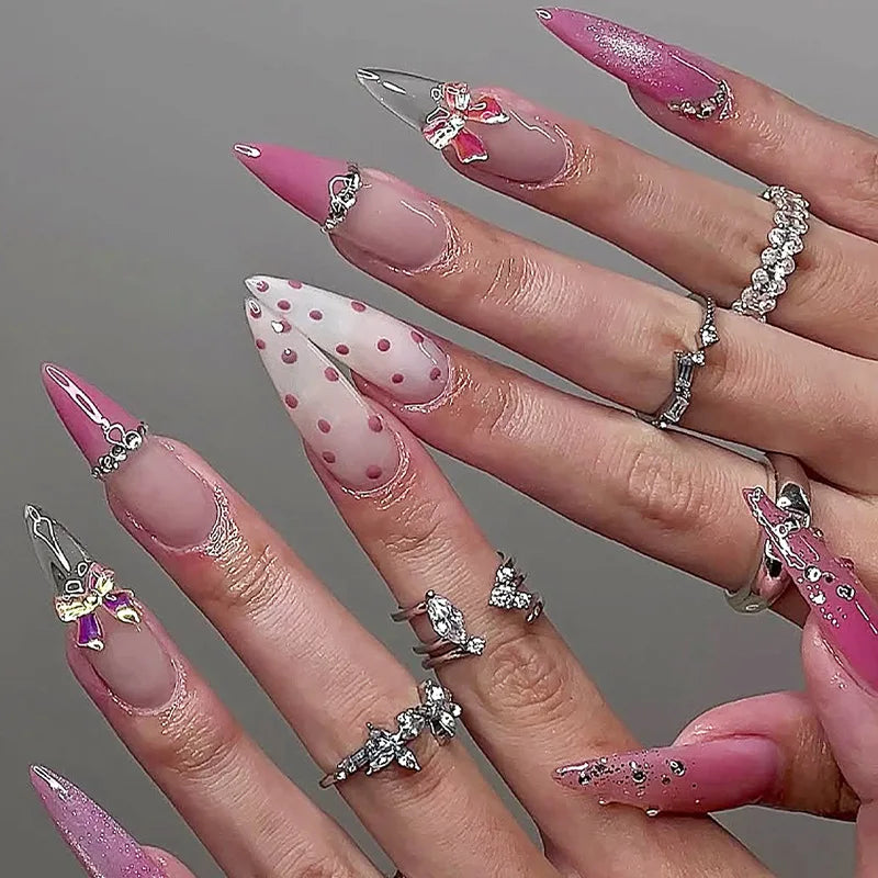 Long Stiletto Press On Nails With Flowers & Rhinestones - GlamGrip Beauty