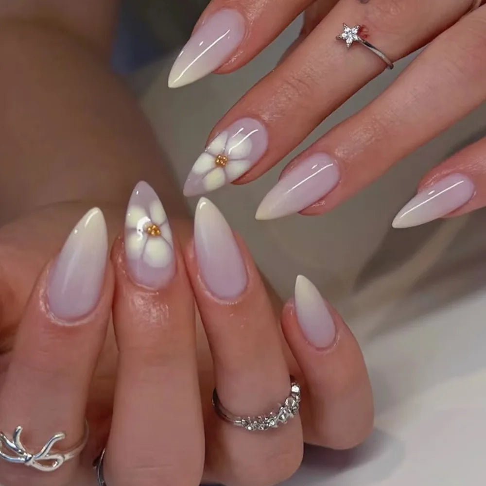 DZ681 Color Long Stiletto Press On Nails With Flowers & Rhinestones