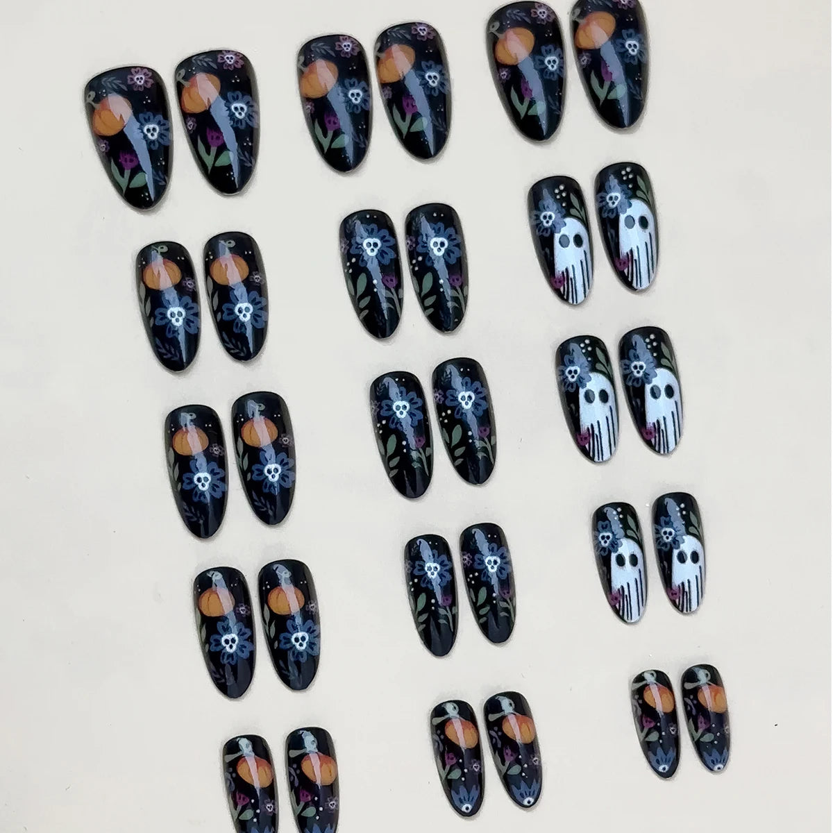 Black Cherry Medium Almond Press On Nails – Halloween Gothic Ghost & Pumpkin | Reusable Set of 24 - GlamGrip Beauty