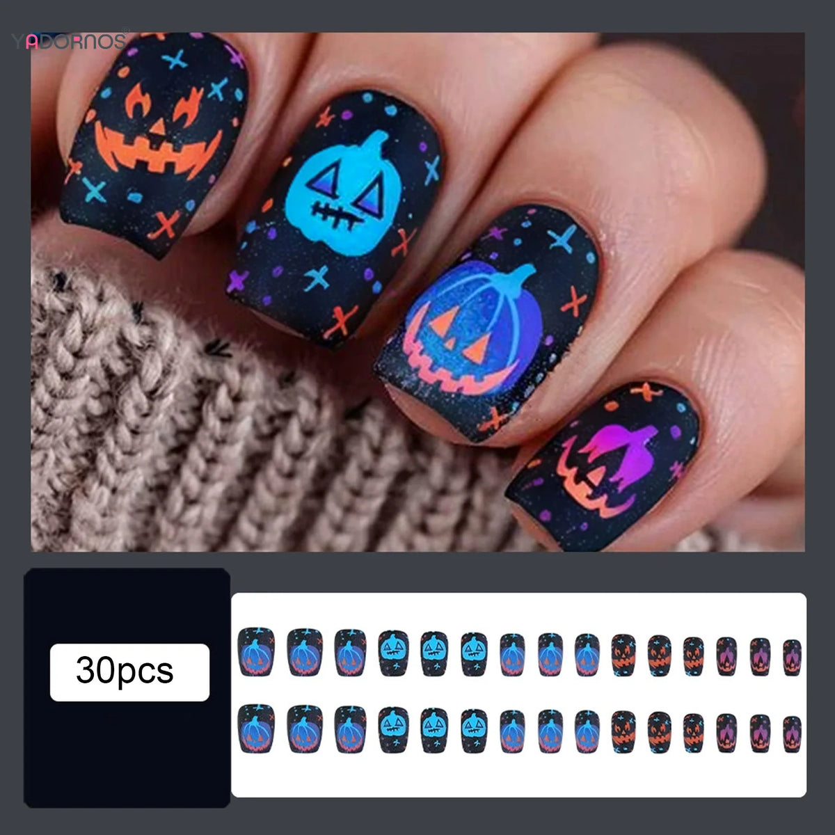 Halloween Pumpkin Ghost Press On Nails – Short Square Salon Quality | Reusable 30-Piece Nail Kit - GlamGrip Beauty