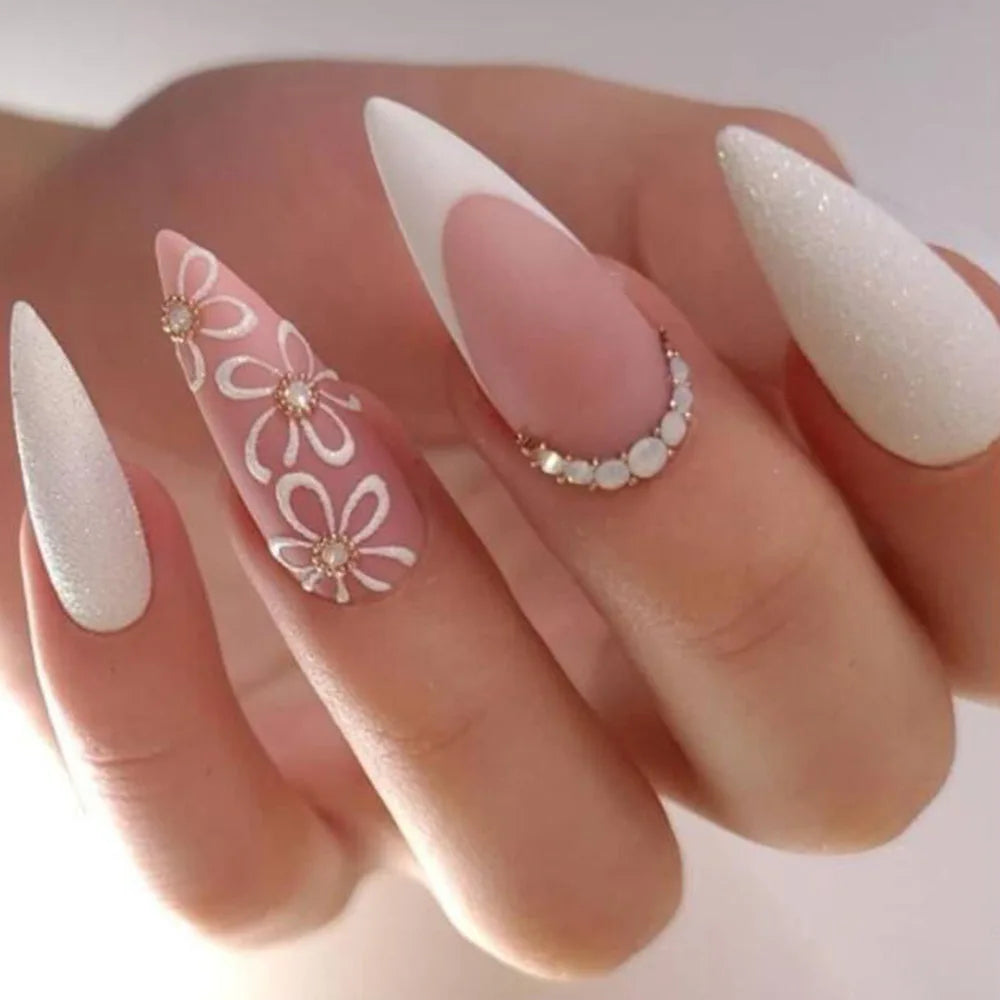CZ155 Color Long Stiletto Press On Nails With Flowers & Rhinestones