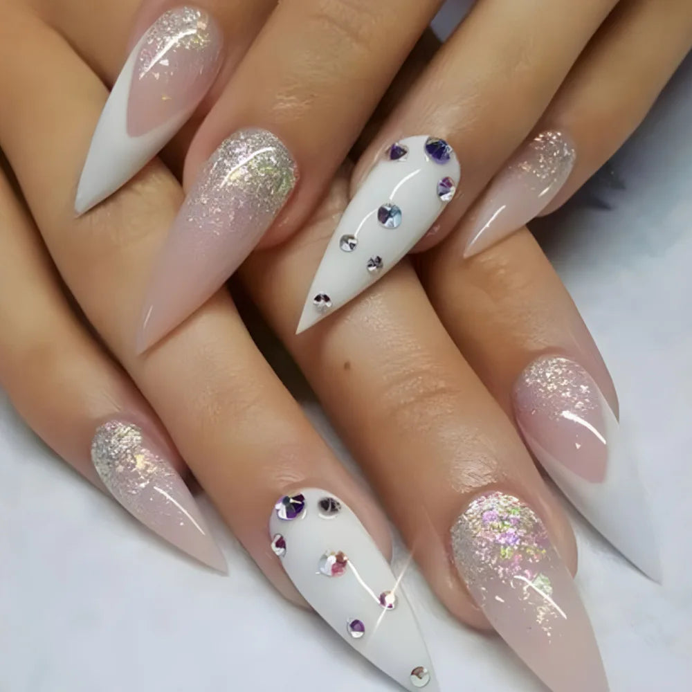 CZ300 Color Long Stiletto Press On Nails With Flowers & Rhinestones