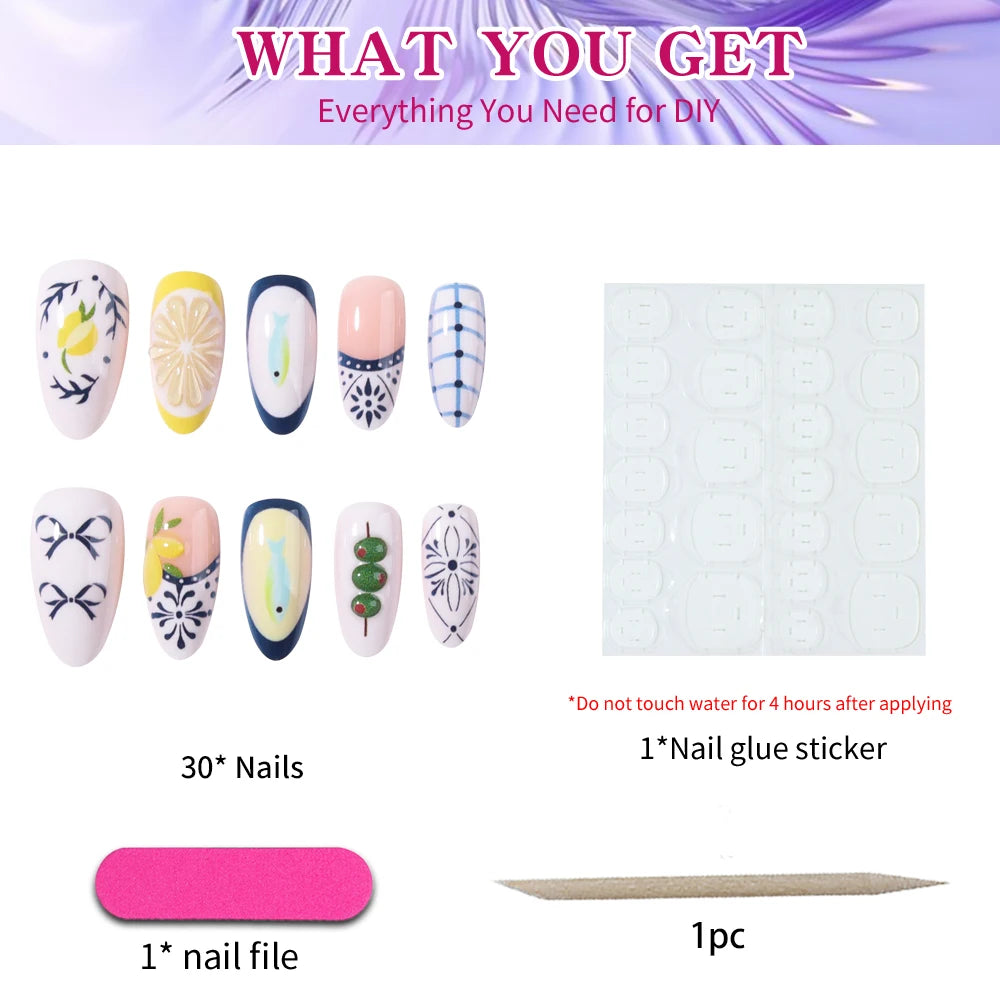 Citrus Bloom - 24 PCS Medium Almond Press on Nails - GlamGrip Beauty