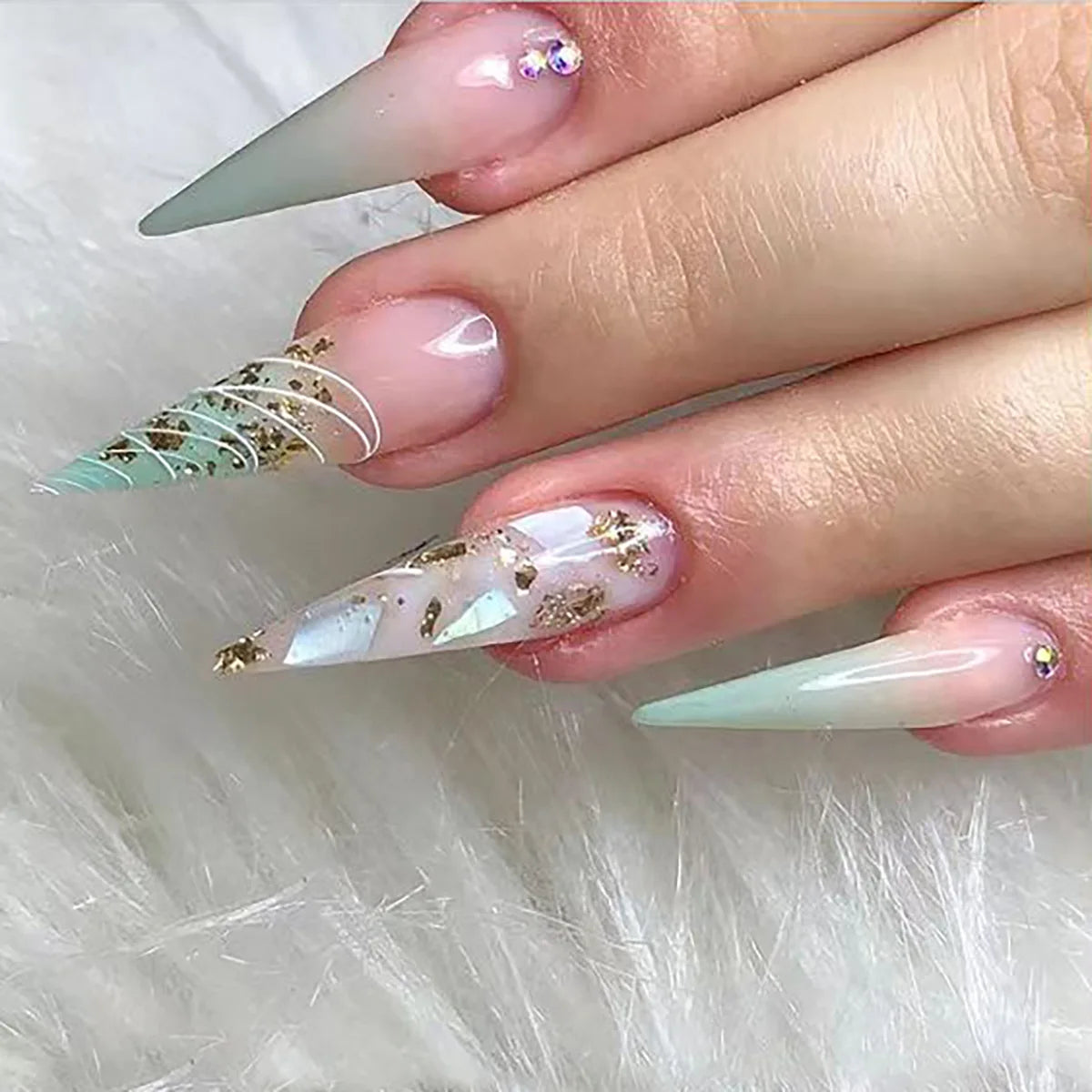 Long Stiletto Press On Nails With Flowers & Rhinestones - GlamGrip Beauty